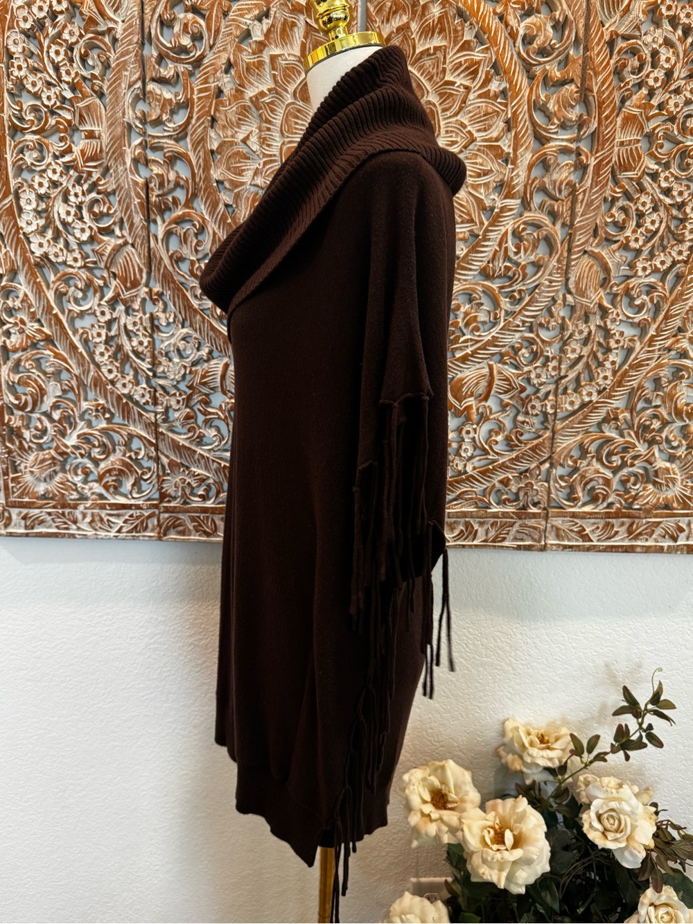 Michael Kors Brown Cowl-Neck Fringe Poncho, Soft Cozy - Picture 7 of 15